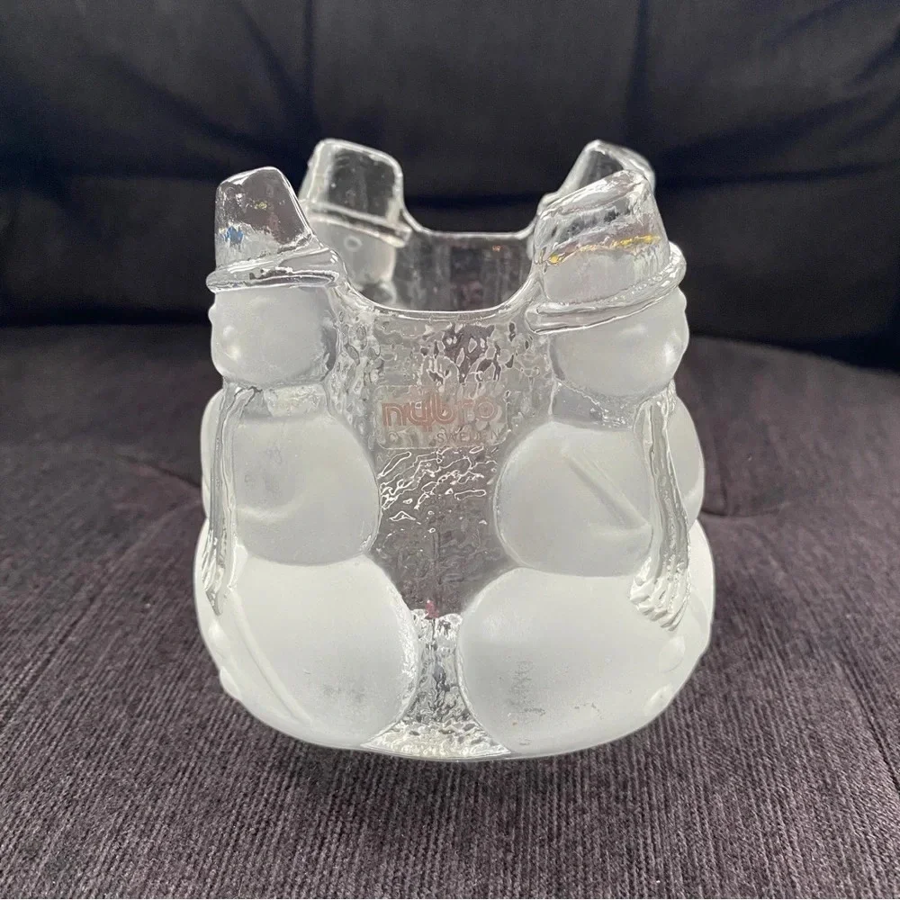 Nybro Sweden Crystal Glass Snowman Christmas Candle Holder Votive Tea Light
